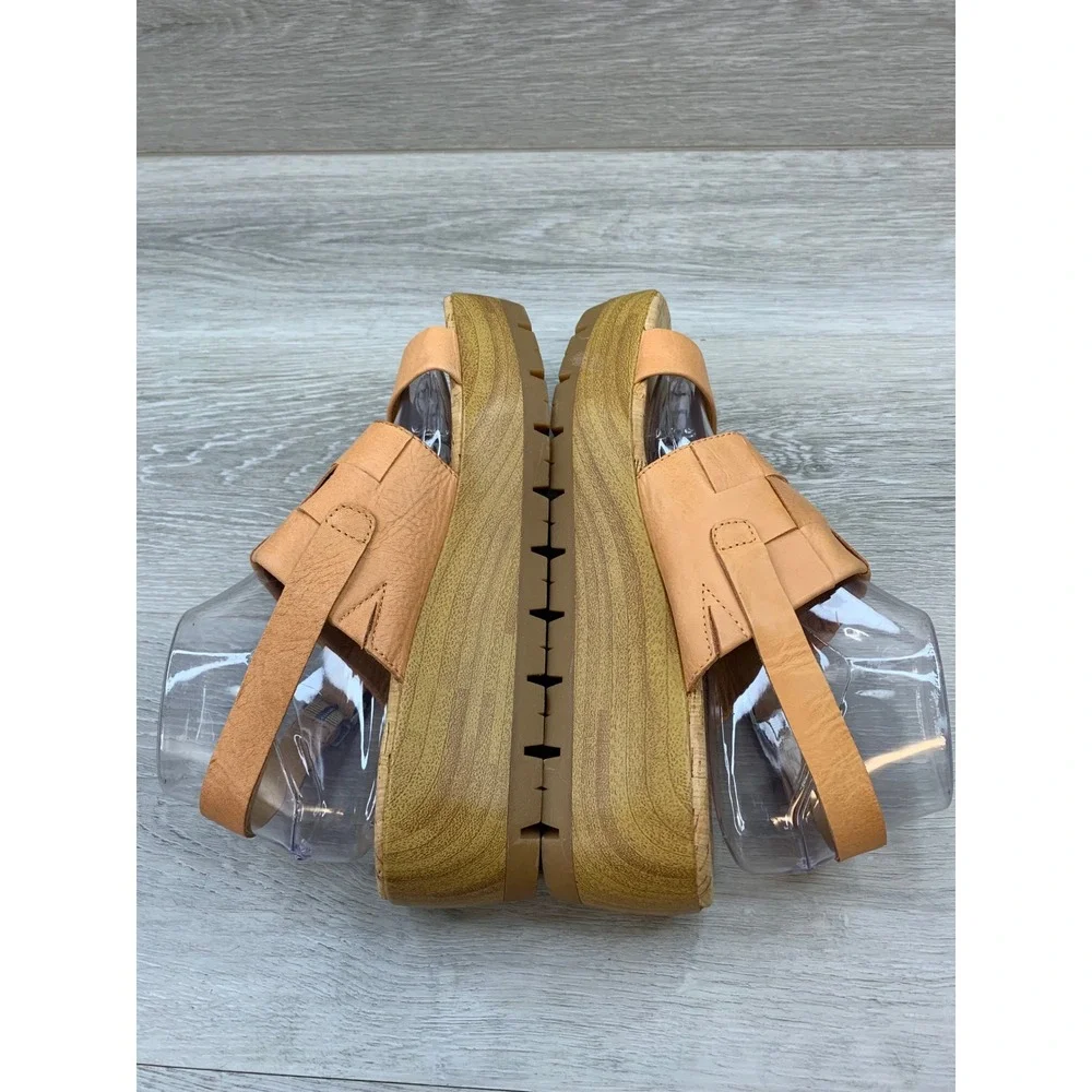 Korks Women's Leather Woven Slingback Platform Wedge Sandals Tan 9 Shoes